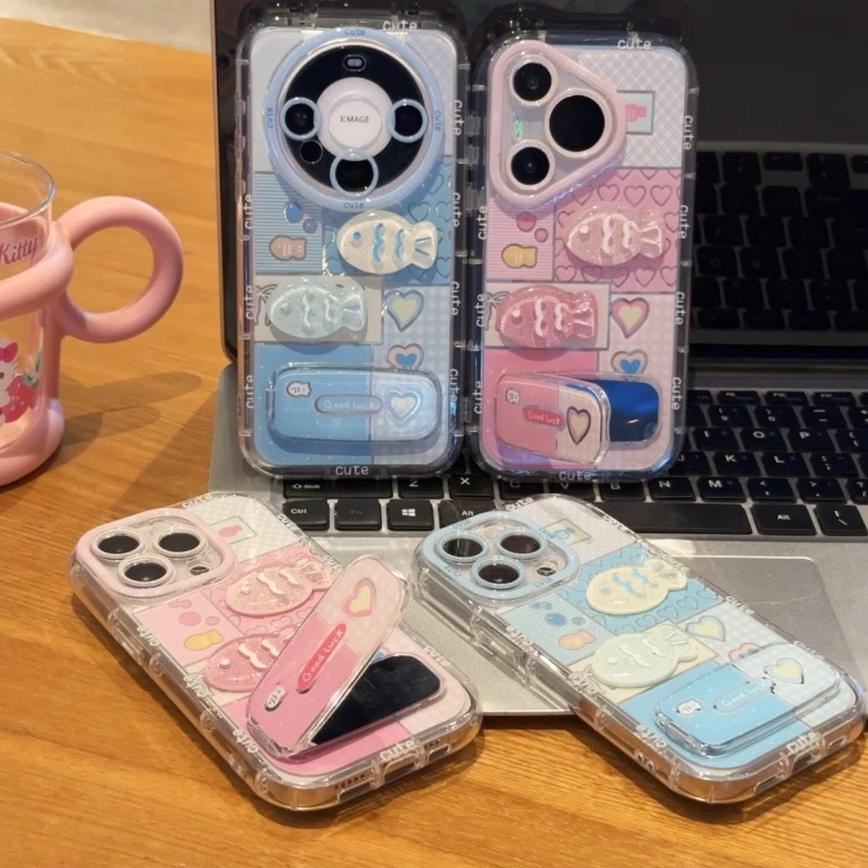 Lucky立体小鱼镜面支架适用苹果16羽纱手机壳华为vivo小米15oppo