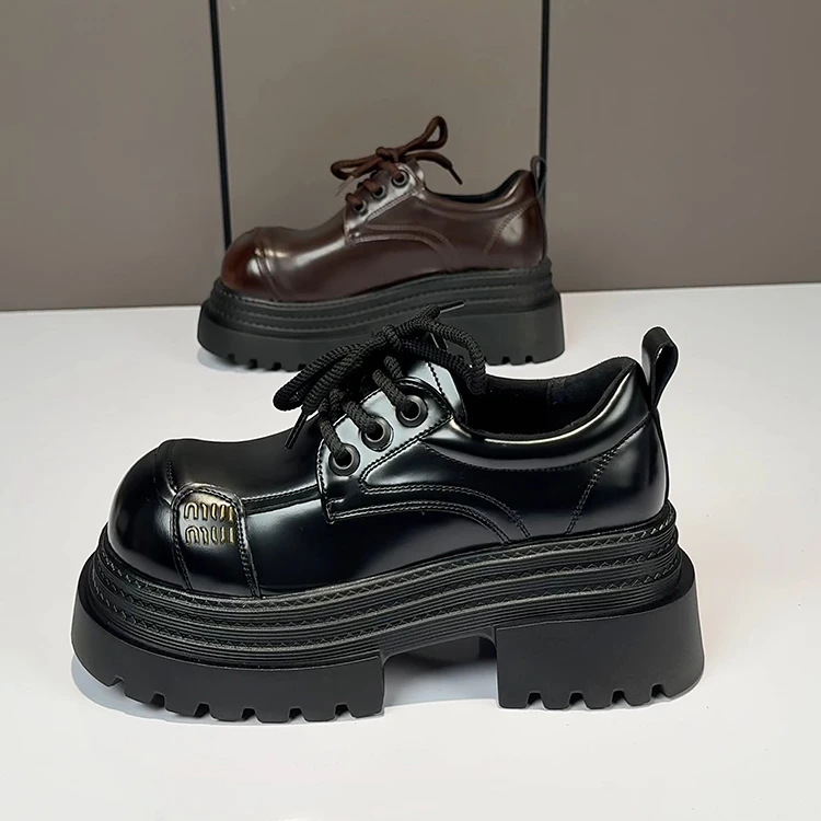 厚底乐福鞋女春季新款时尚百搭英伦风圆头增高松糕单鞋黑色小皮鞋