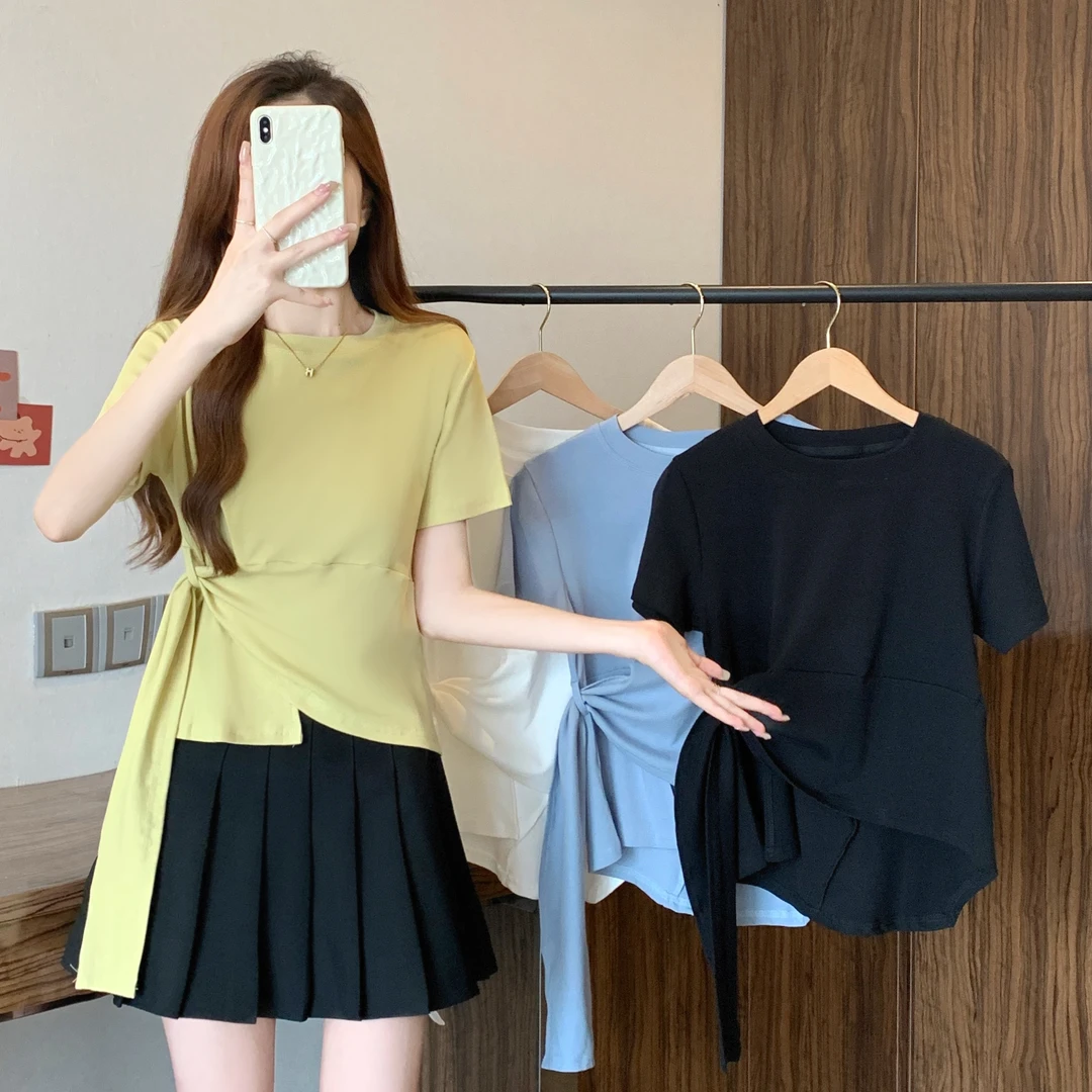 YOYO GALI/由由加莉【花香】抽绳短袖不规则宽松修身小众显瘦T-8102