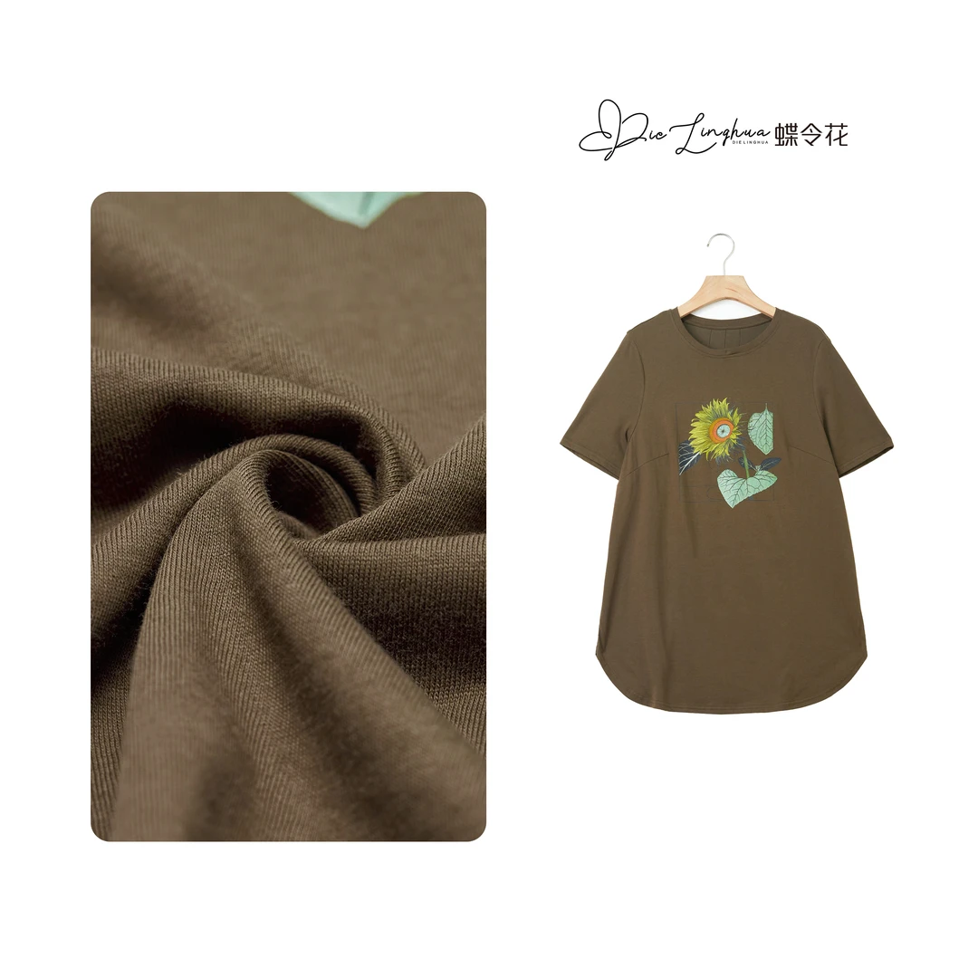 蝶令花夏款休闲印花圆领设计感宽松中长款短袖T袖24870