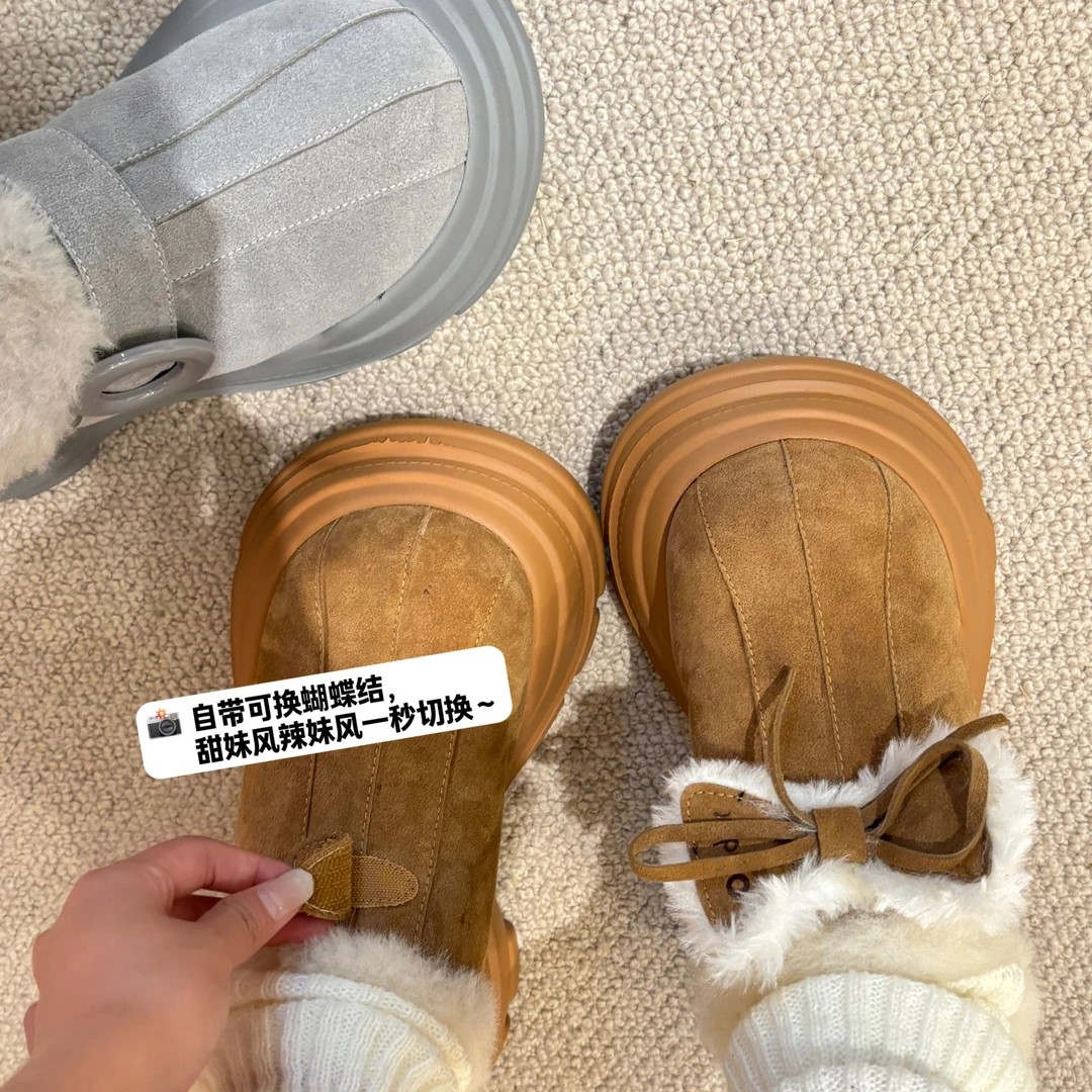 厚底增高保暖勃肯雪地靴女一脚蹬防水防滑真皮羊毛大头拖鞋