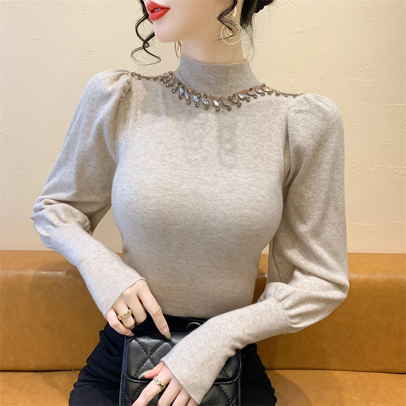 实拍 实拍法式复古半高领钉钻打底针织衫女内搭套新款灯笼袖毛衣