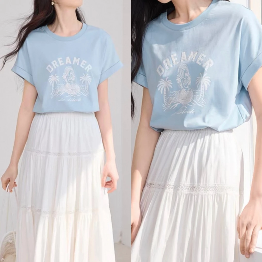 香～蓝色短袖t恤女2025夏装新款宽松圆领棉质卡通美人鱼印花上衣