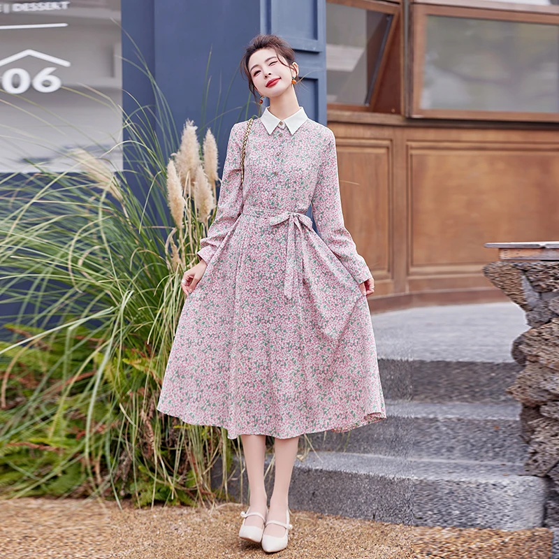 秋冬通勤宽松版印花立领气质长袖连衣裙裙子内搭连身裙商场同款