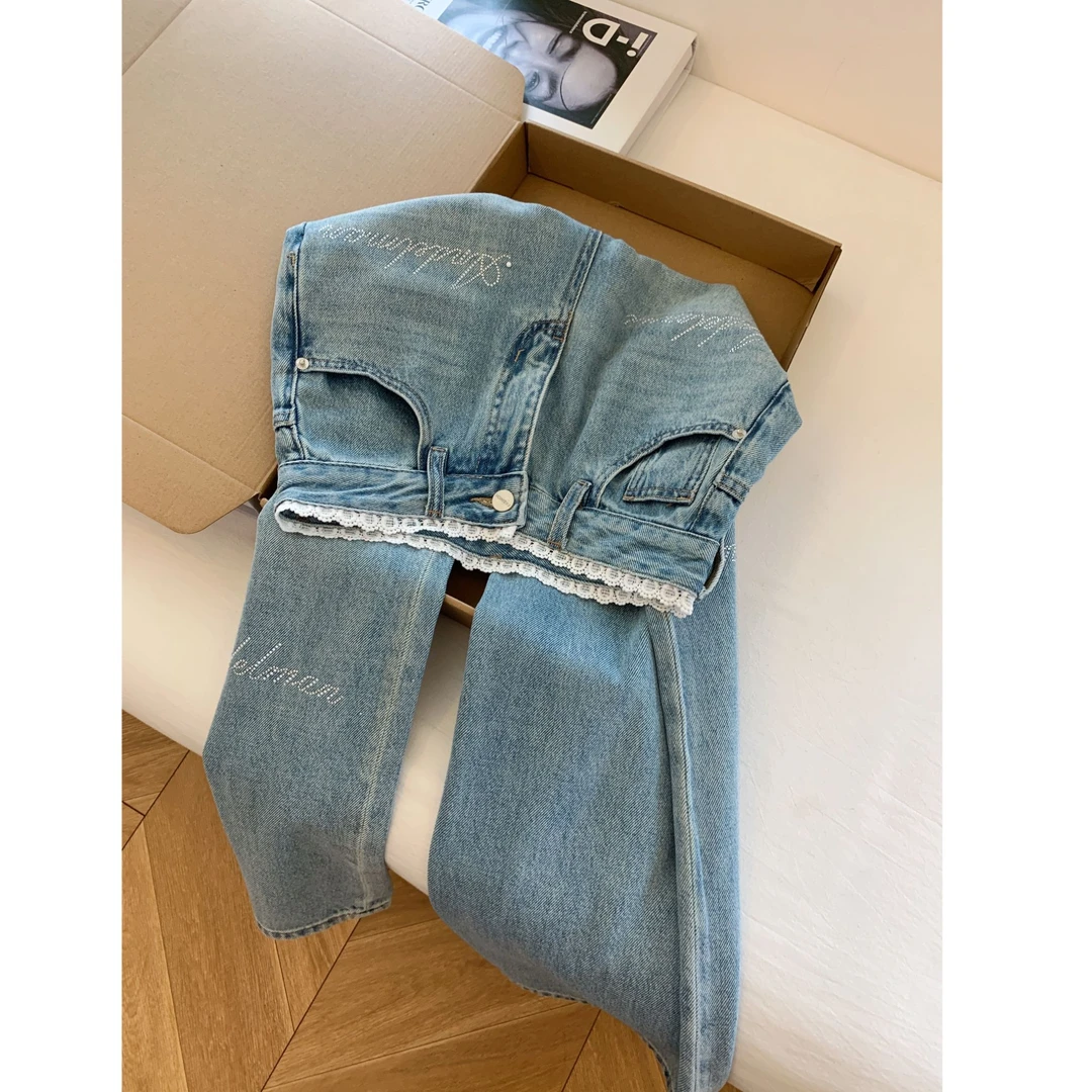 蓝色亮片字母蕾丝气质高腰通勤网红款阔腿牛仔直筒裤子小个子女装