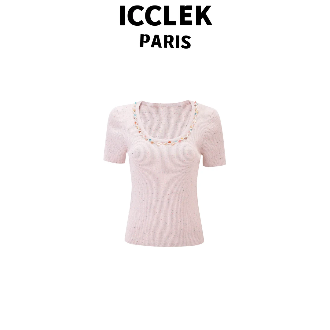 ICCLEK 粉色圆领混砂短袖薄款针织衫夏季百搭减龄甜美气 质 -5477