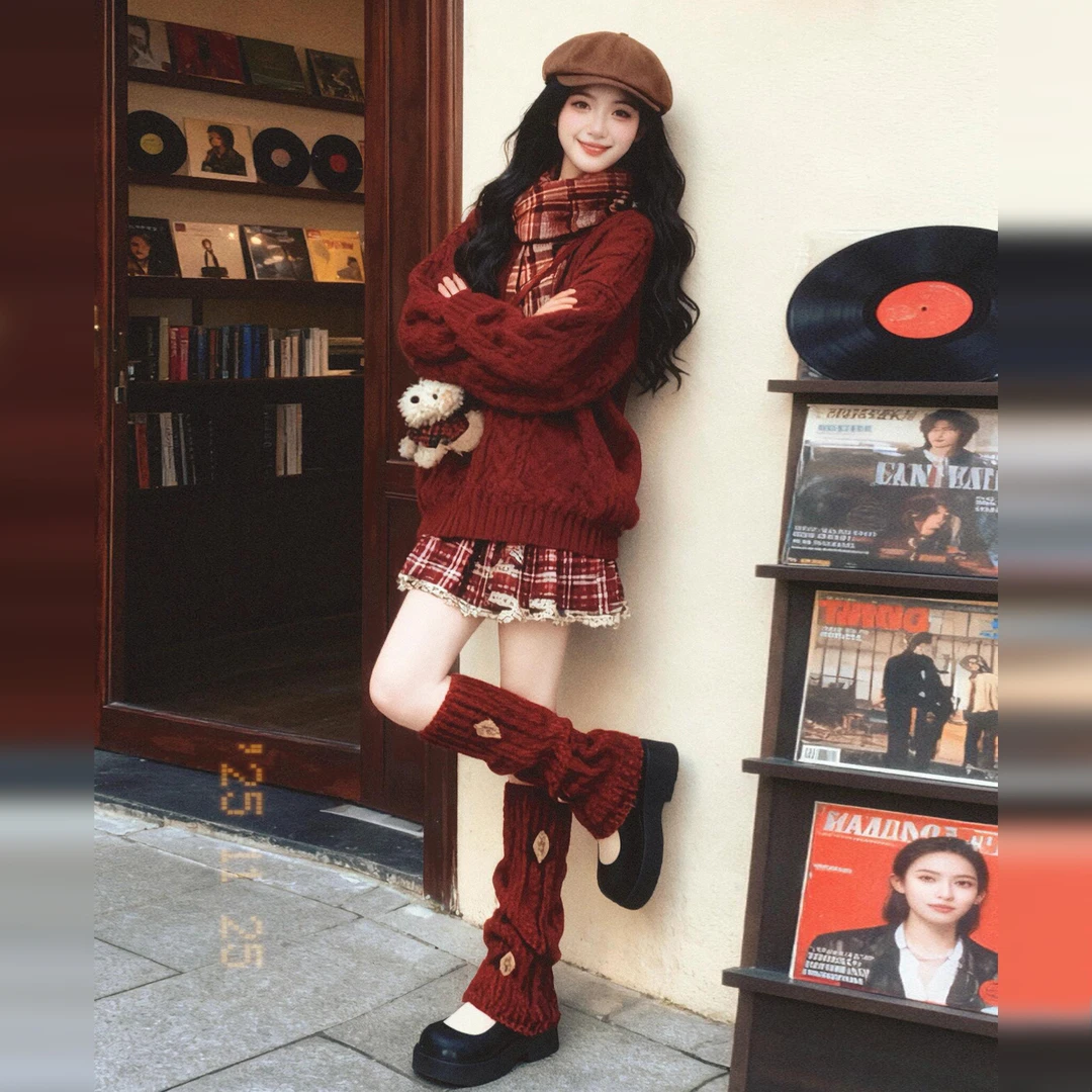 圣诞穿搭韩系格纹红色连衣裙子女秋冬季2025新款超好看一整套冬装