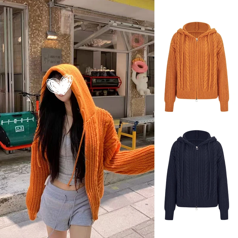 Moses Queen/魔西女王美式复古麻花针织连帽毛衣宽松百搭毛衫外套