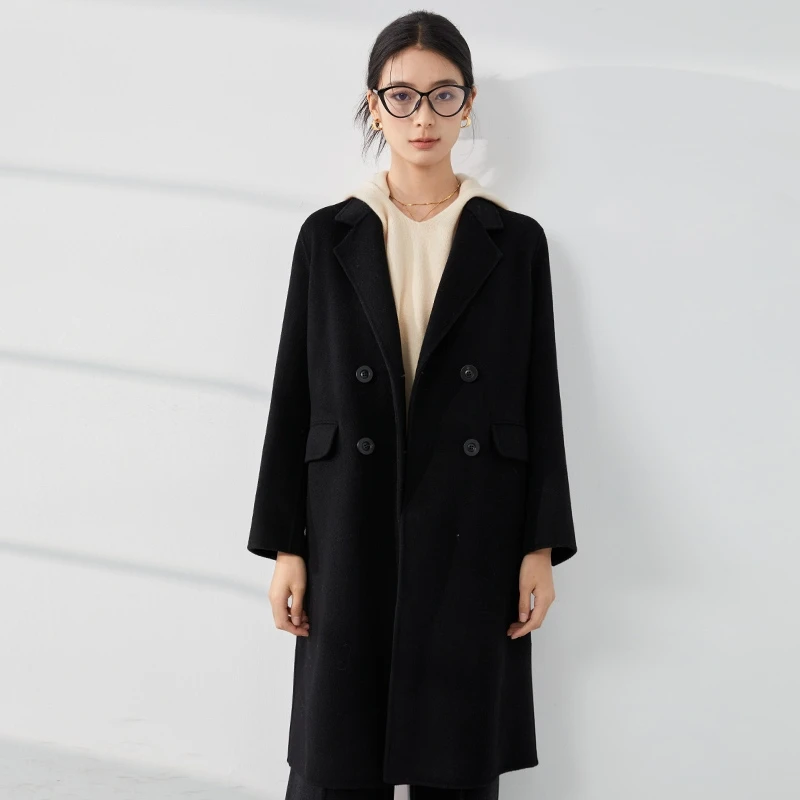 【曼贝】8284017双面100绵羊大衣女2024秋冬新款气质时尚毛呢外套