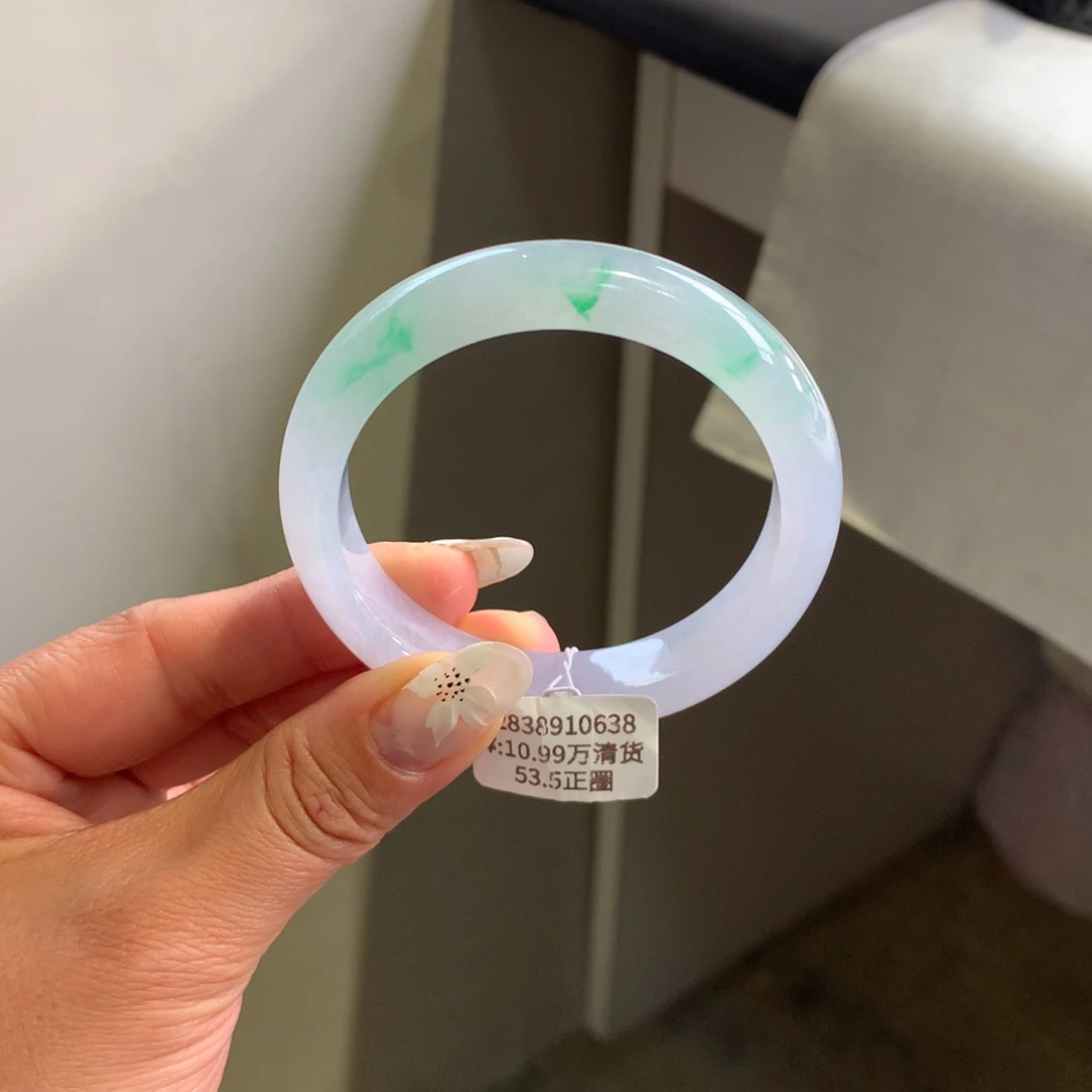 翡翠手镯未镶嵌细糯冰粉紫底飘金丝绿53.5正圈