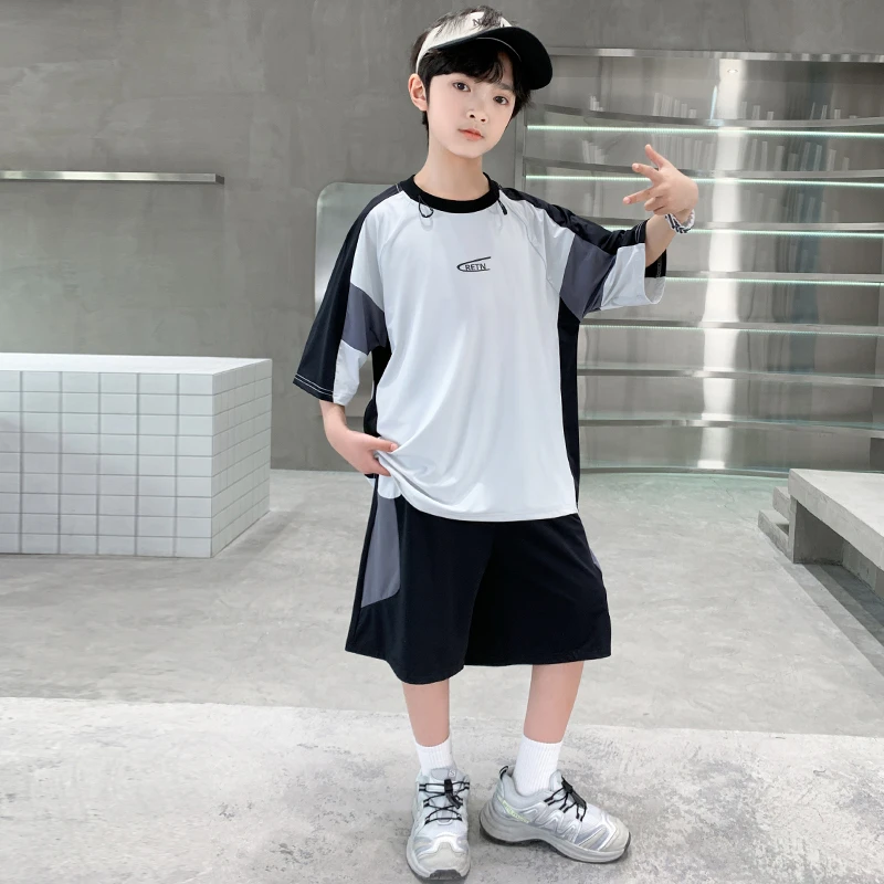 男童夏季运动套装中大童男孩薄款透气休闲冰丝T恤短袖短裤两件套