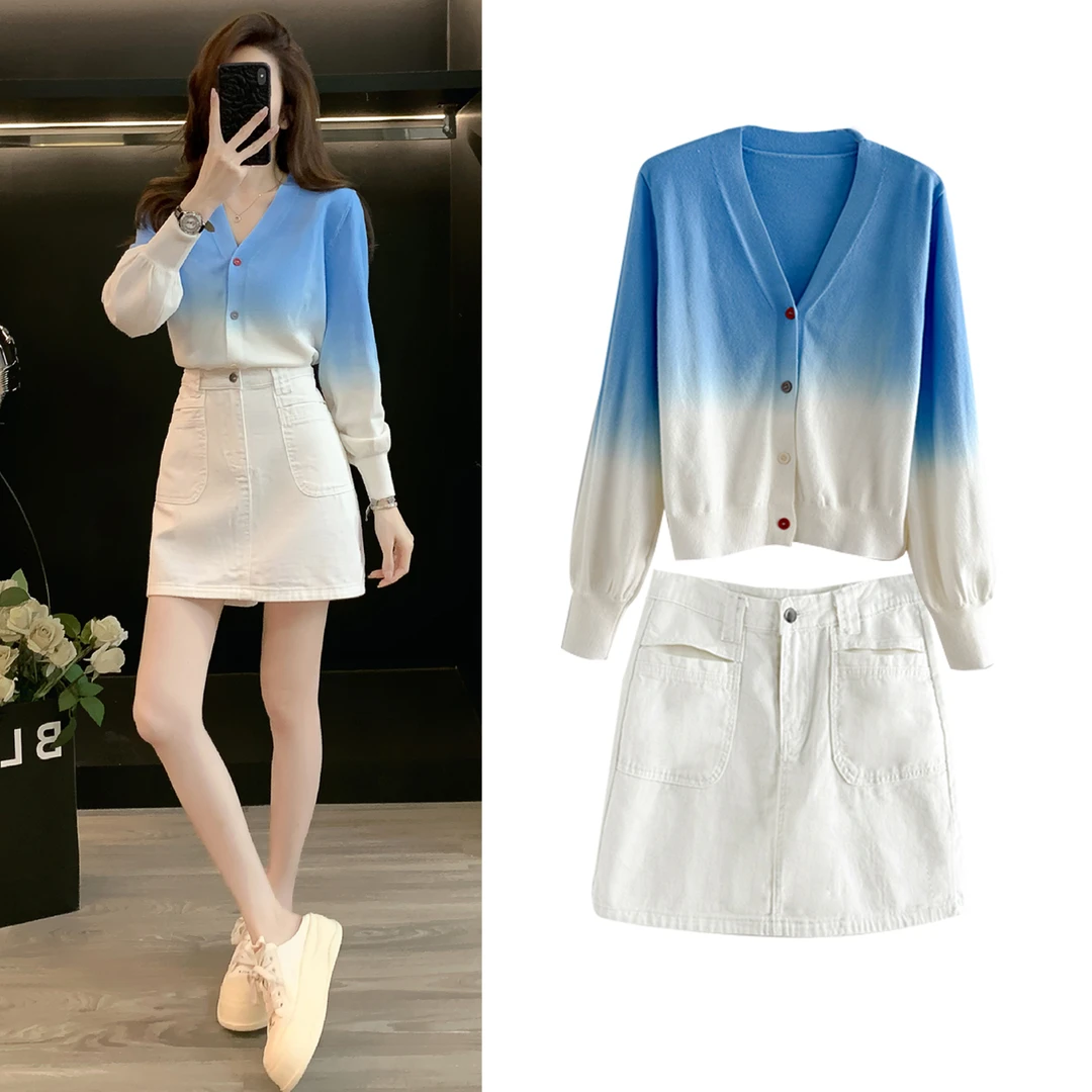 网红早秋穿搭时尚套装洋气长袖渐变针织衫显瘦高腰牛仔短裙两件套