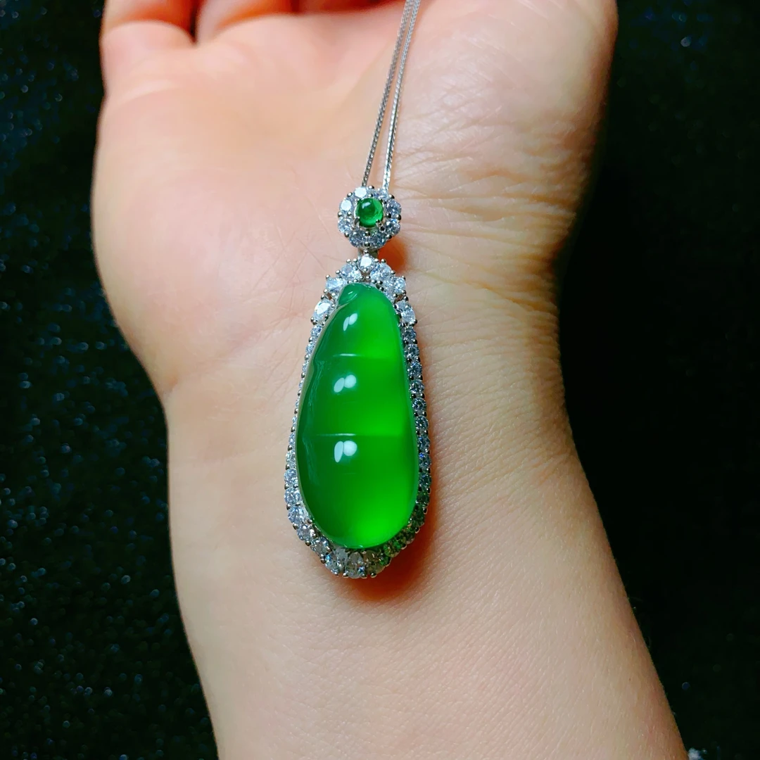 S925银镶嵌绿玛瑙玉髓平安扣挂件吊坠项链锁骨链