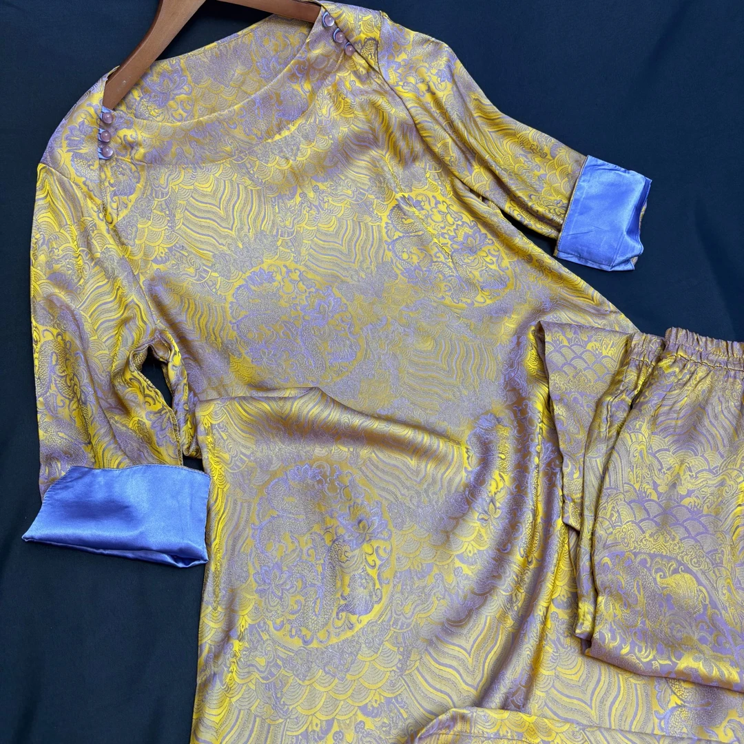 【紫金龙纹】荡领中长裙七分袖斜肩女款复古新中式提花连衣裙套装