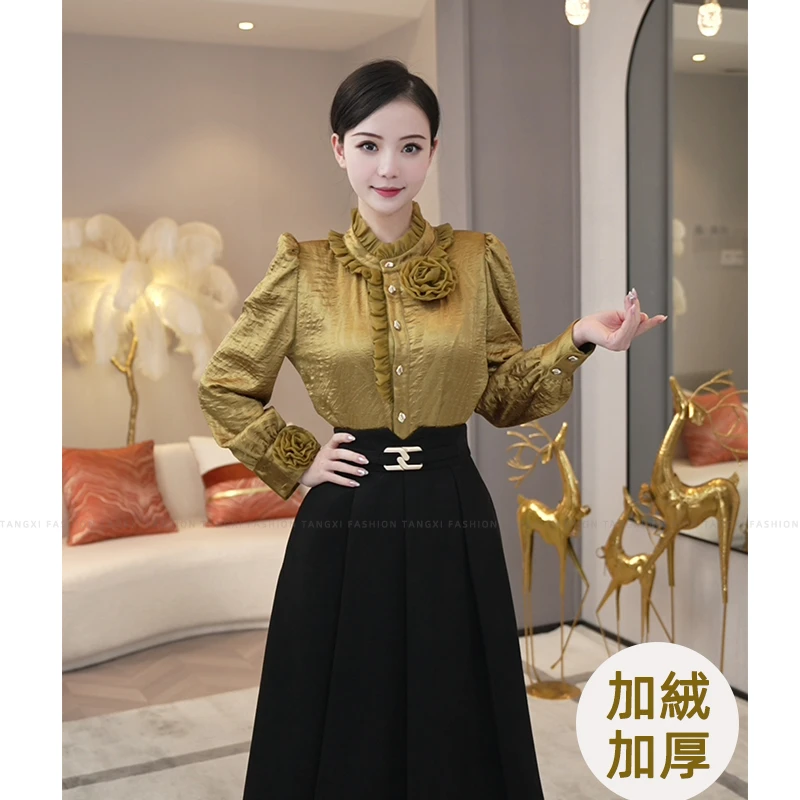 预售2025秋冬【ZM-D765】加绒加厚宽松长袖级感缎面金色衬衫上衣女