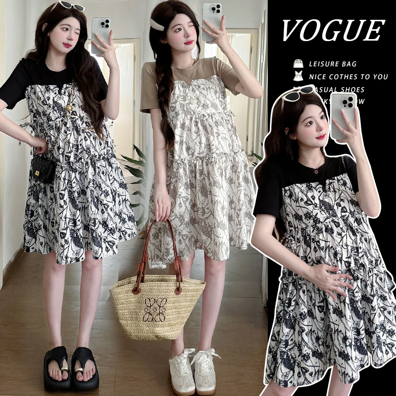 2025夏季孕妇装新款气质显瘦拼接假两件碎花孕妇连衣裙时尚高级感