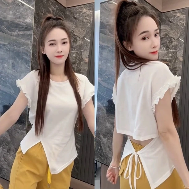 洋气系带韩版短袖染色纯欲风露背T恤耐磨