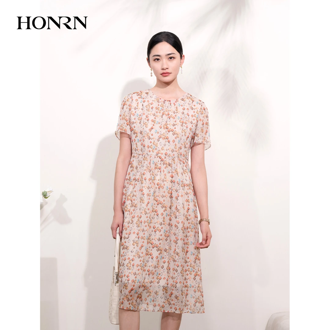 HONRN/优雅印花短袖圆领收腰显瘦中长碎花a字连衣裙女夏HI22OL406