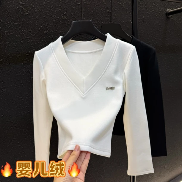 V领钻露锁骨短款打底衫女冬季韩版修身显瘦加绒长袖T恤上衣8351#