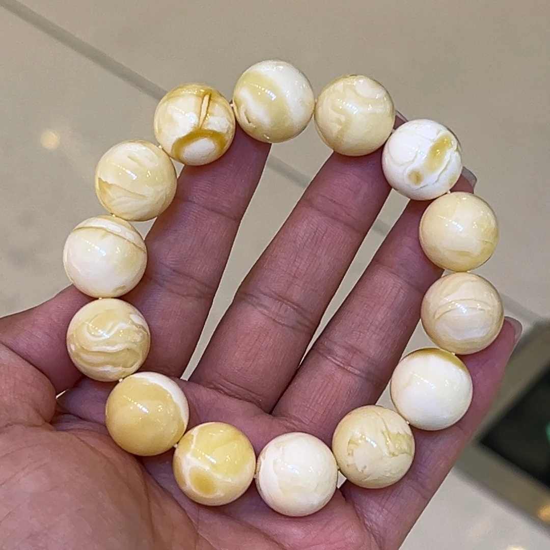 手链琥珀未镶嵌一***～16➕浓蜡白花圆珠手串