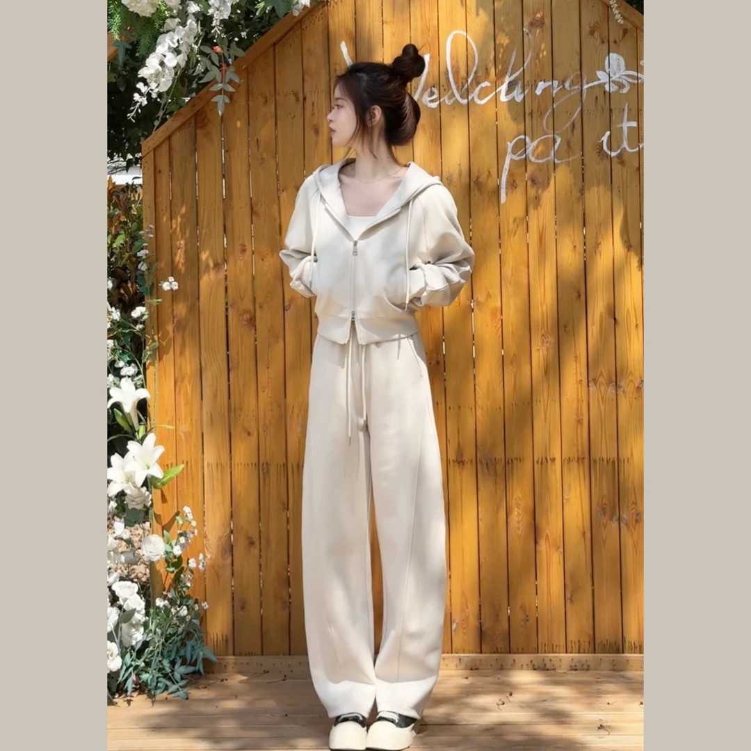 春秋款弯刀裤连帽口袋时尚休闲气质欧若风套装#3019