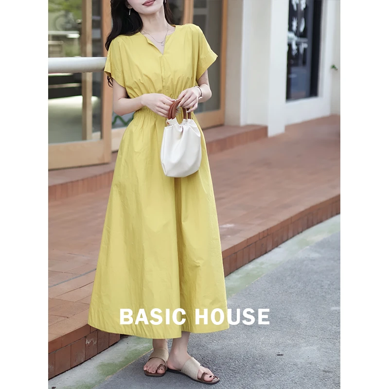 Basic House/百家好2025夏季新款优雅V领收腰气质连衣裙法式温柔