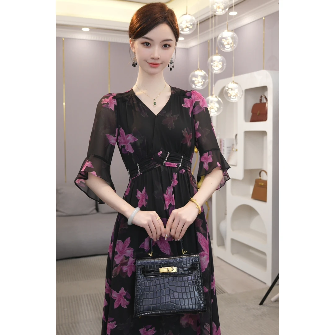 预售2025夏季新款【TX-6518】松紧腰时尚短袖优雅气质粉色连衣裙