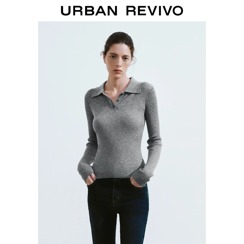 【HOT】UR2025秋季新款女装简约气质翻领长袖针织衫UWM950075#