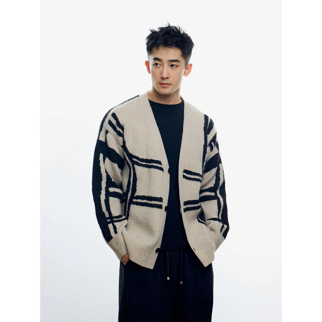 博衣社【羊毛混纺条纹针织衫】冬季新品男士休闲宽松百搭毛衣开衫