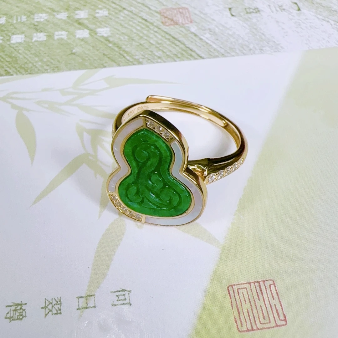 【多福】天然缅甸A货S925银镀金翡翠葫芦戒指-0312