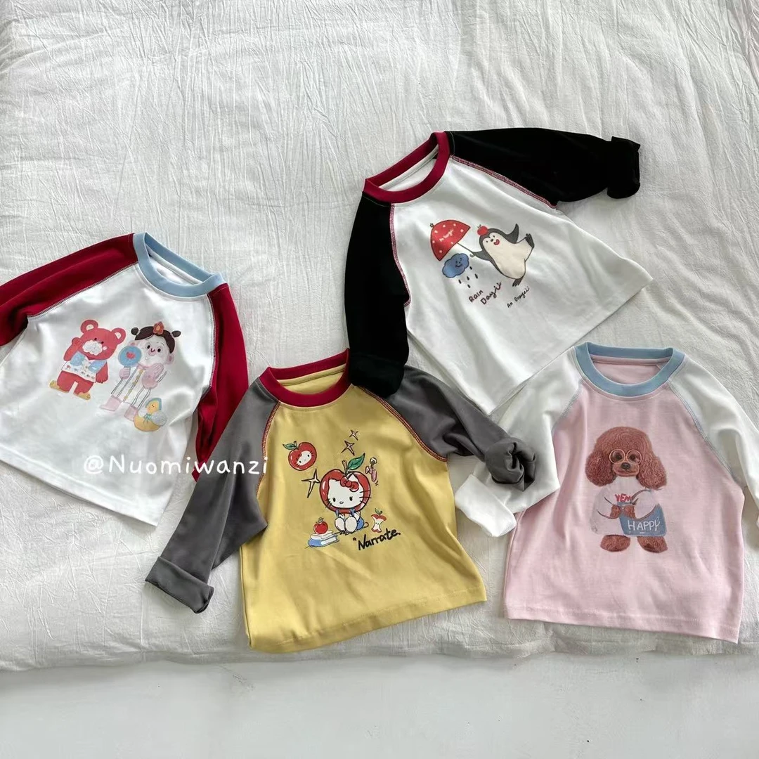 【现货】【甜心奶油衫】撞色插肩袖撞色领印花T恤（秋款）WZJ-25617