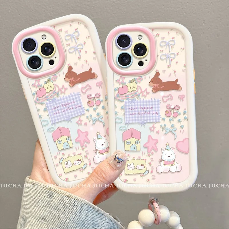 卡通粉色小狗适用苹果16plus手机壳带挂链华为mate70高级感小米15