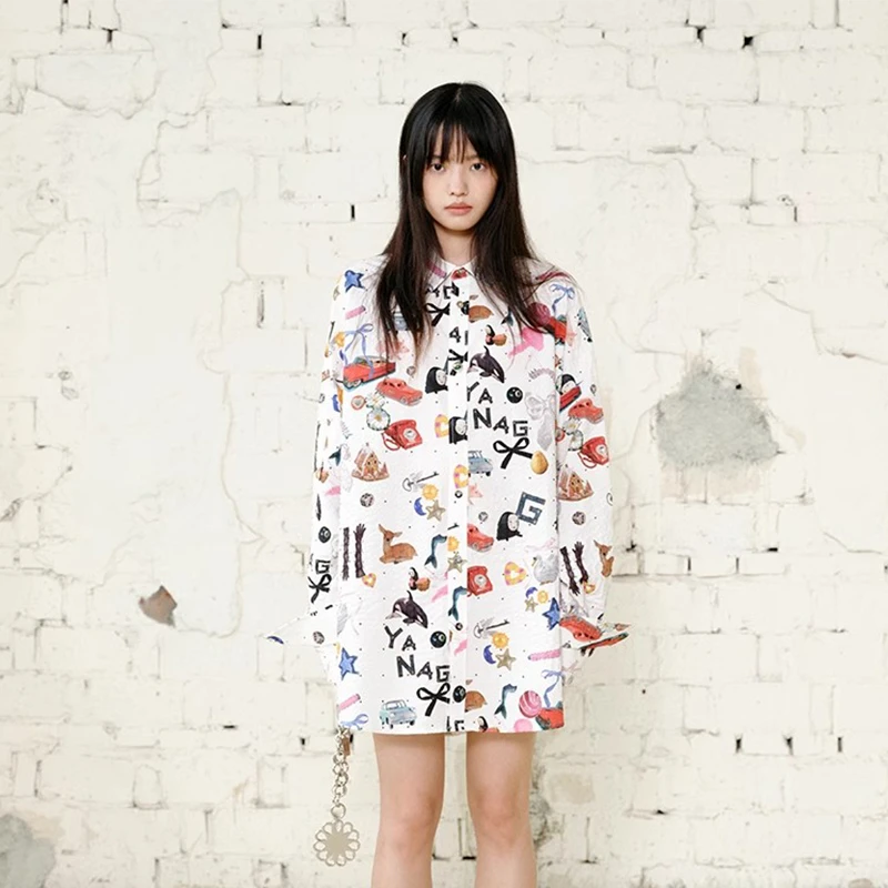 YANAG原创设计散落玩具印花长衬衫大版型时尚少女百搭甜美上衣