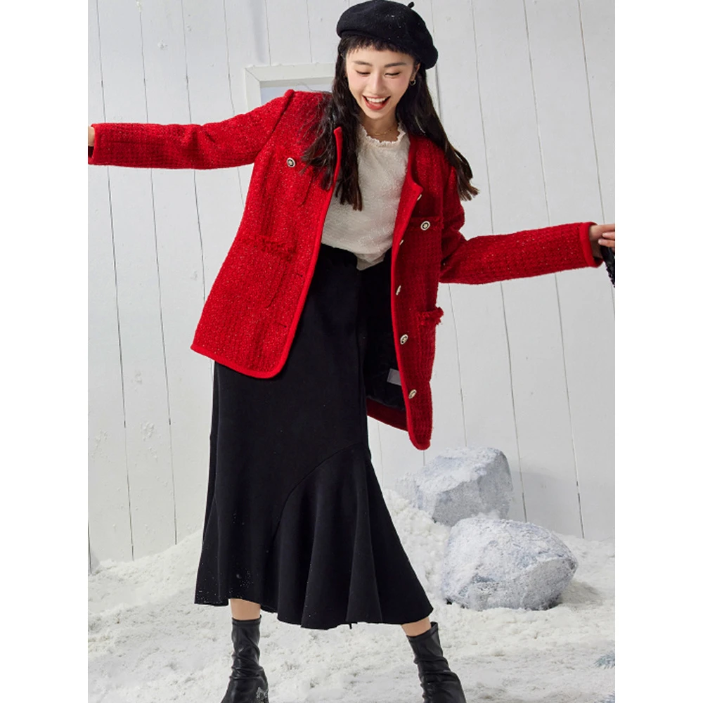 （红色）39209【觅系列】粗花呢夹棉外套35MM709B005