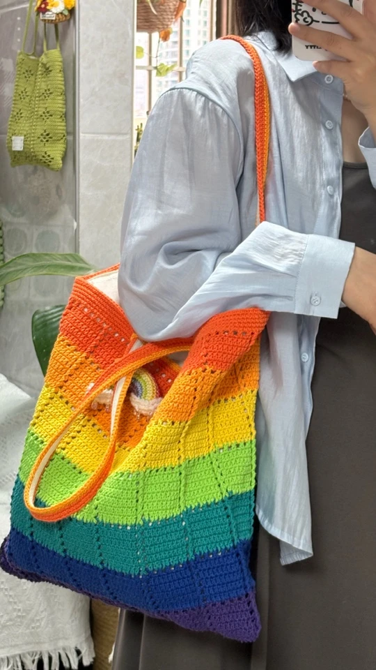 小森线棉麻线钩织彩虹饼干包单肩包