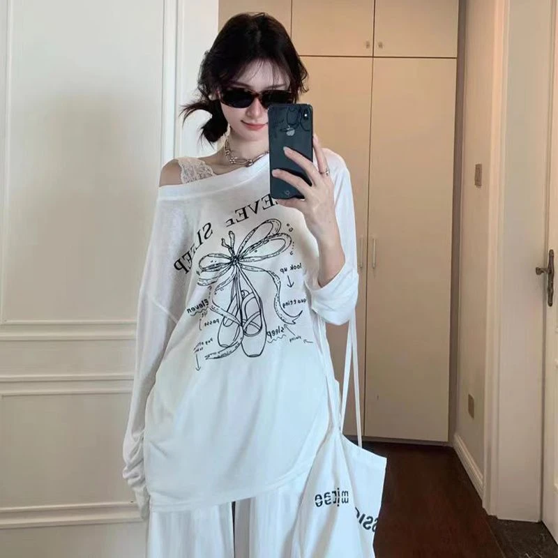 高级感印花斜肩长袖女T恤夏宽松薄款微透百搭显瘦防晒罩衫上衣服