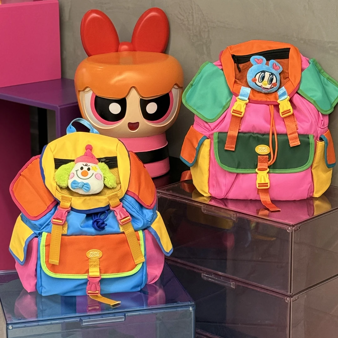 popoglow多口袋多巴胺双肩包撞色抽绳户外可爱轻便百搭包包