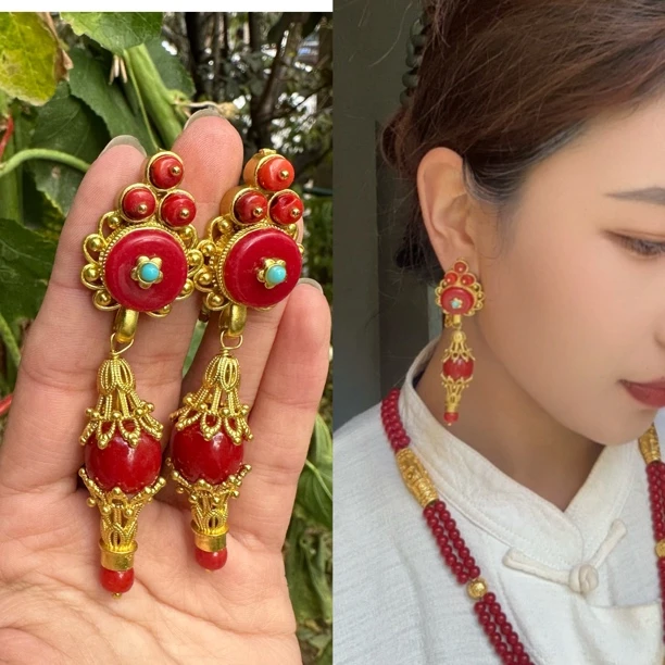 铜合金耳饰 藏饰民族风纯手工黄铜镀金耳环配耳链包邮发邮政