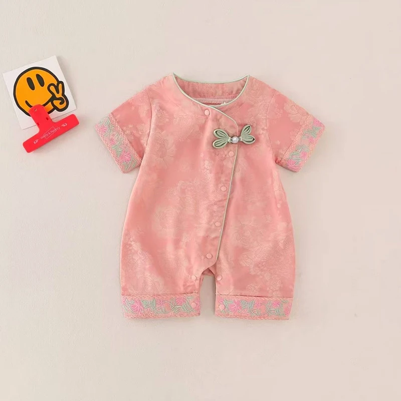 新生婴儿夏季连体衣女宝宝韩服公主哈衣短袖薄款满月百天外出爬服