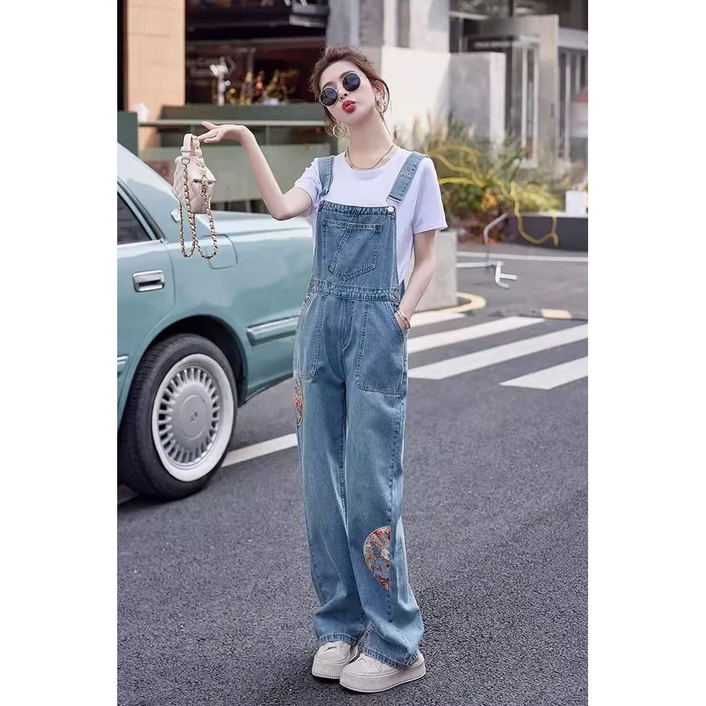 新中式国风刺绣牛仔背带裤女夏季薄款2024新款洋气减龄套装两件套