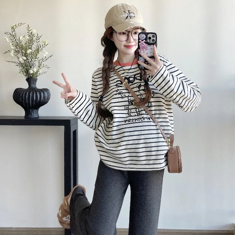 领口拼接T~ 孕妇装上衣2025新款韩版休闲大码条纹长袖中长款T恤