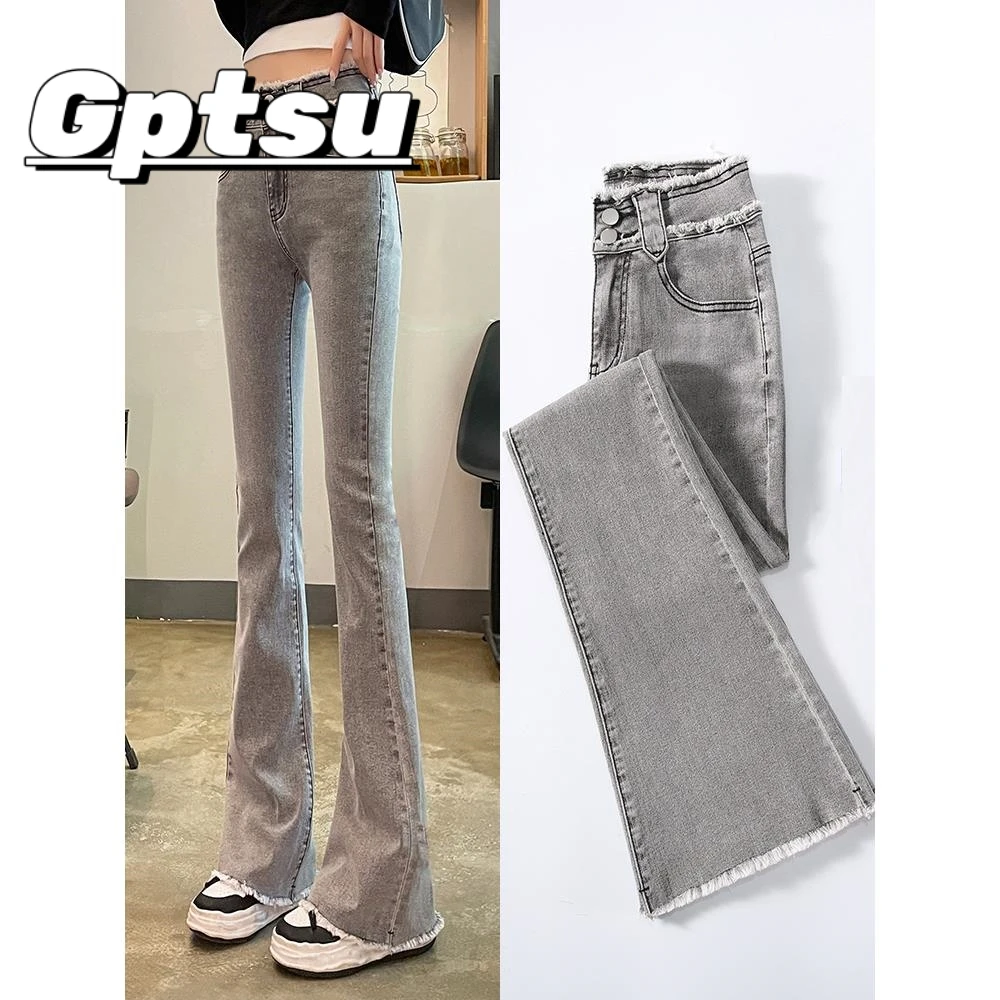 GPTSu烟灰色高腰微喇叭牛仔裤女2025年春季新款喇叭显瘦长裤子