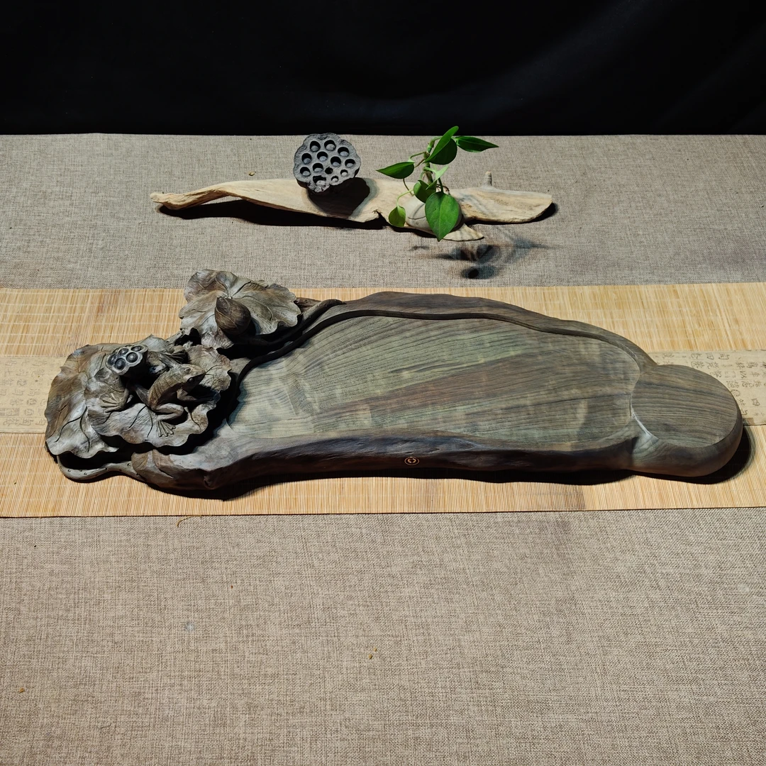乌木实木茶盘手工荷叶青蛙款原木侘寂风款茶盘楠木雕刻，尺寸70*23