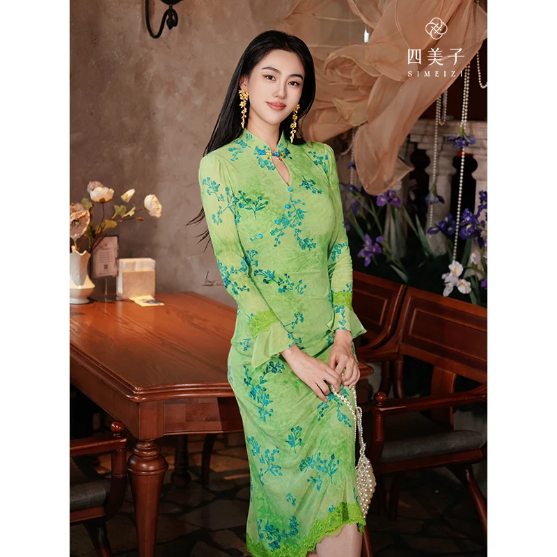 四美子【半盏青蓝】新中式复古撞色弹力植绒蕾丝花边旗袍裙连衣裙