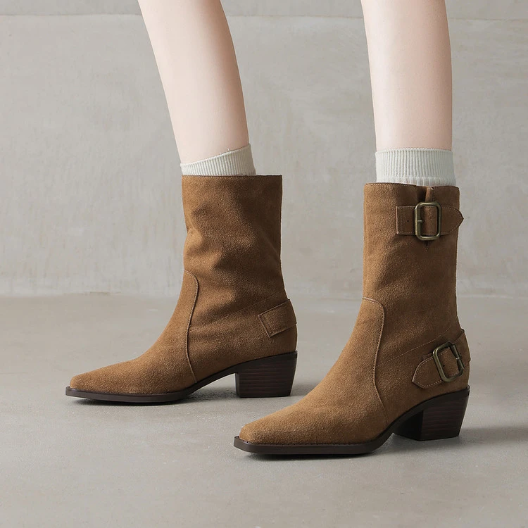 时装靴2025年秋季粗跟皮带扣骑士靴骑士靴中筒西部靴