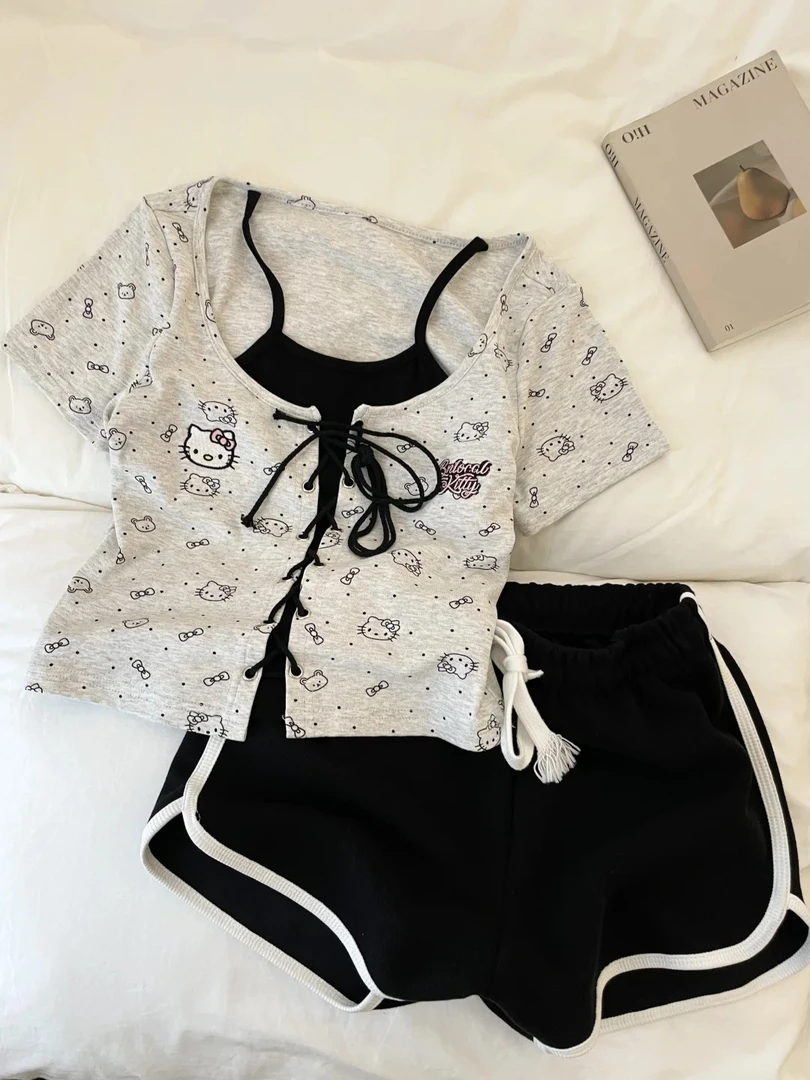 【纯欲kitty】少女性感辣妹假两件短袖睡衣女夏季套装可外穿家居服