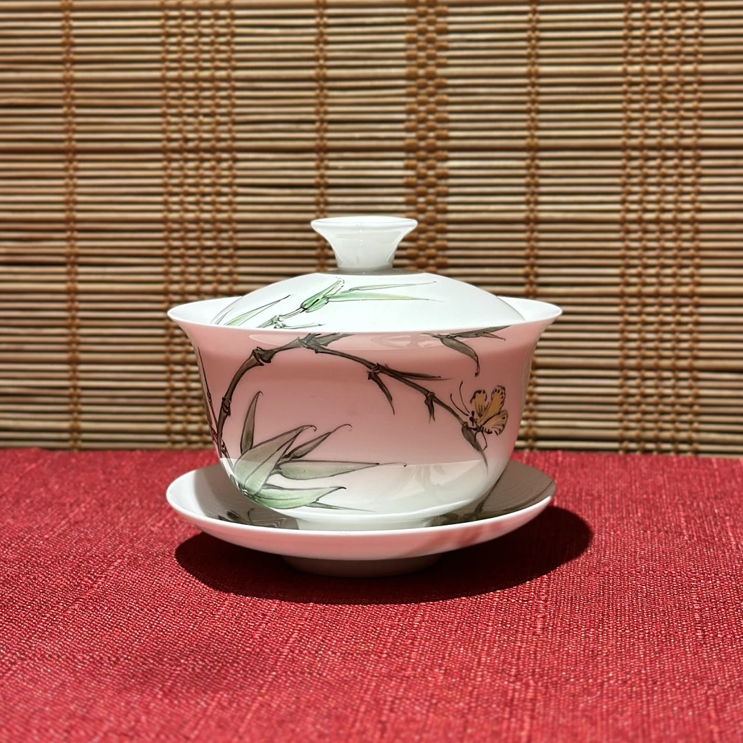 手绘薄胎骨瓷盖碗全满160毫升 盖下120毫升/竹子