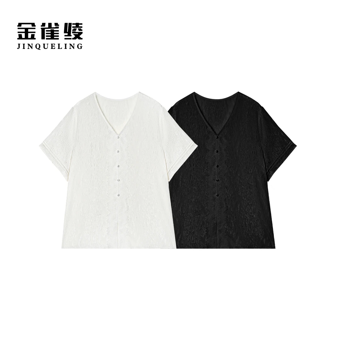 金雀绫【拾光里】桑蚕丝蕾丝工艺纯色v领加宽加大小衫SZA2S425