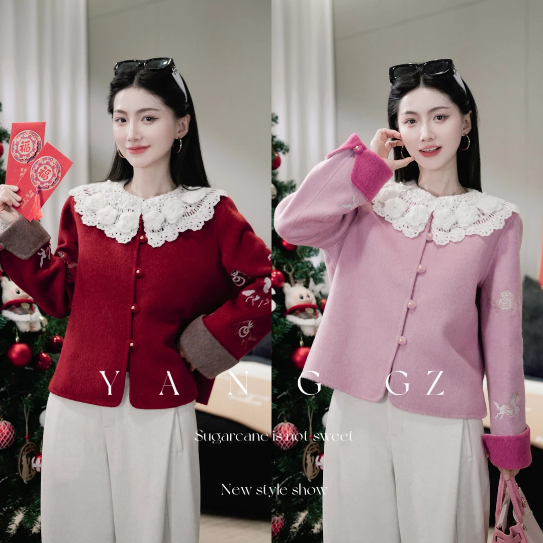 YANG GZ【喜运常随】新中式福马刺绣羊毛短外套女 GZ309#767