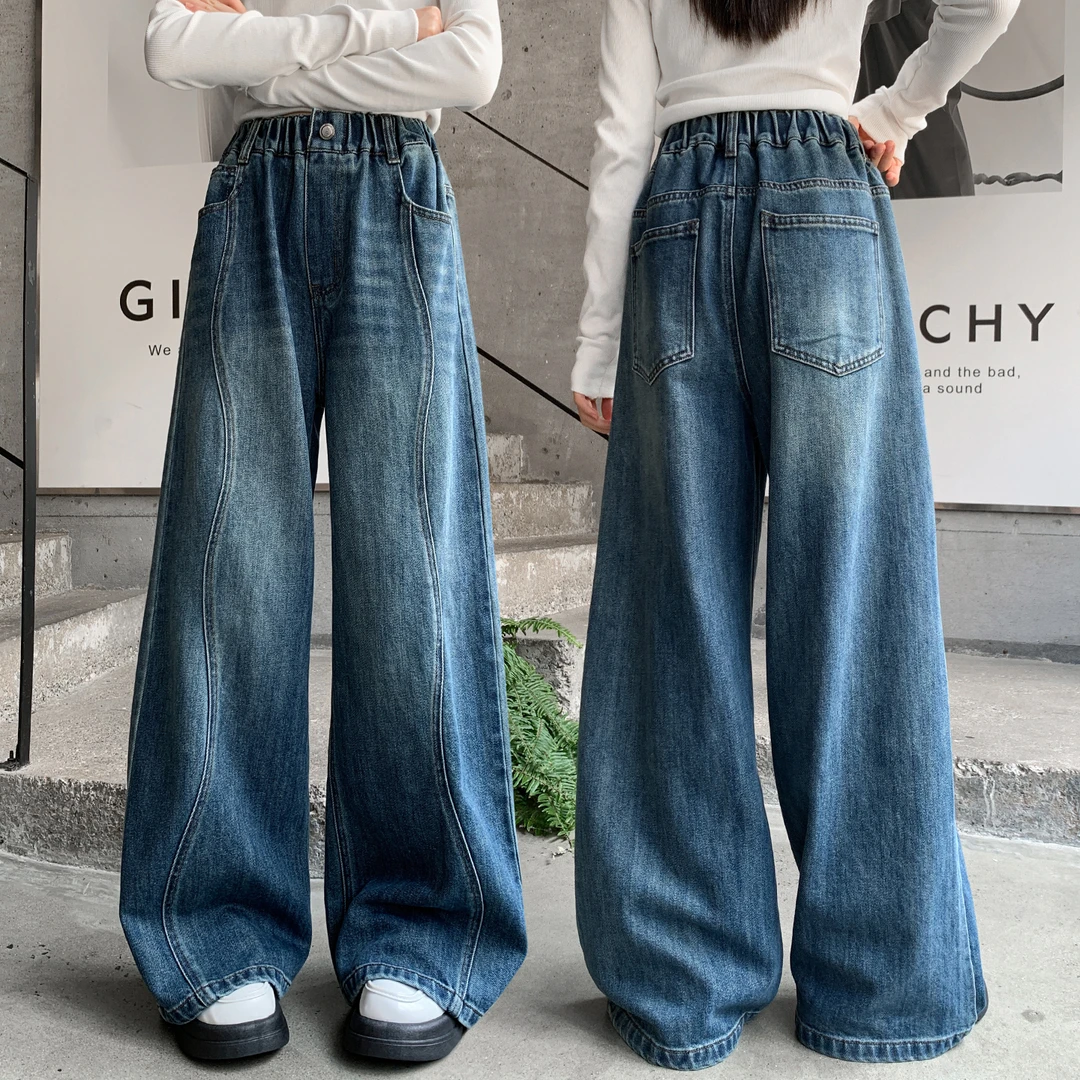 女童直筒牛仔长裤春秋大童秋季裤子2025新款儿童宽松阔腿裤小女孩